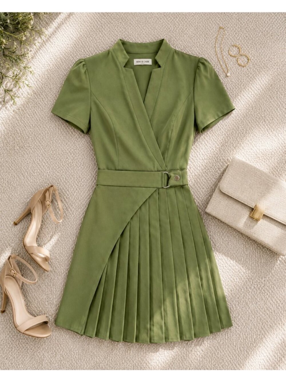 Seni & Cade Green Twill Fit Flare Pleated Dress Size M NWT